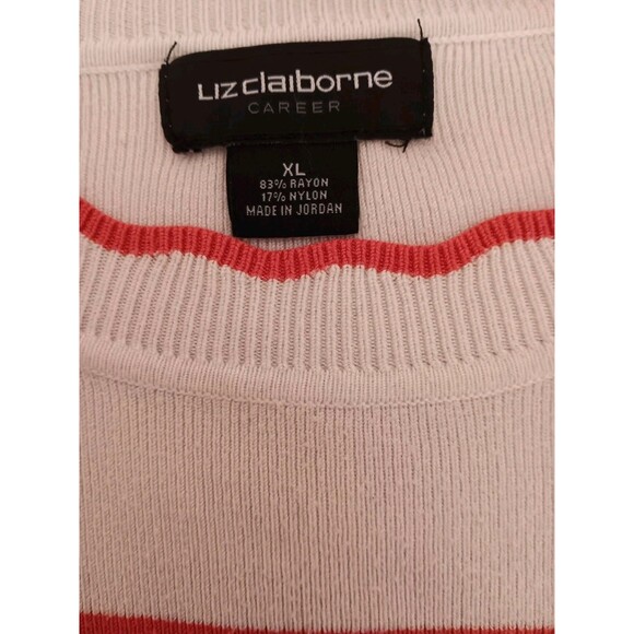 Liz Claiborne Career Striped Colorblock Sweater XL Coral White Navy Ribbed Crew - Picture 9 of 10